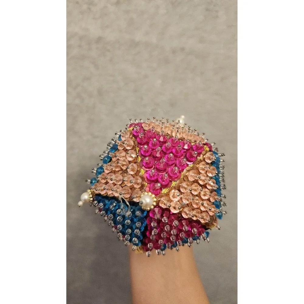 Handmade Beaded Sequin Christmas‎ Ornaments Set 3 Pink Red Multicolor Foam